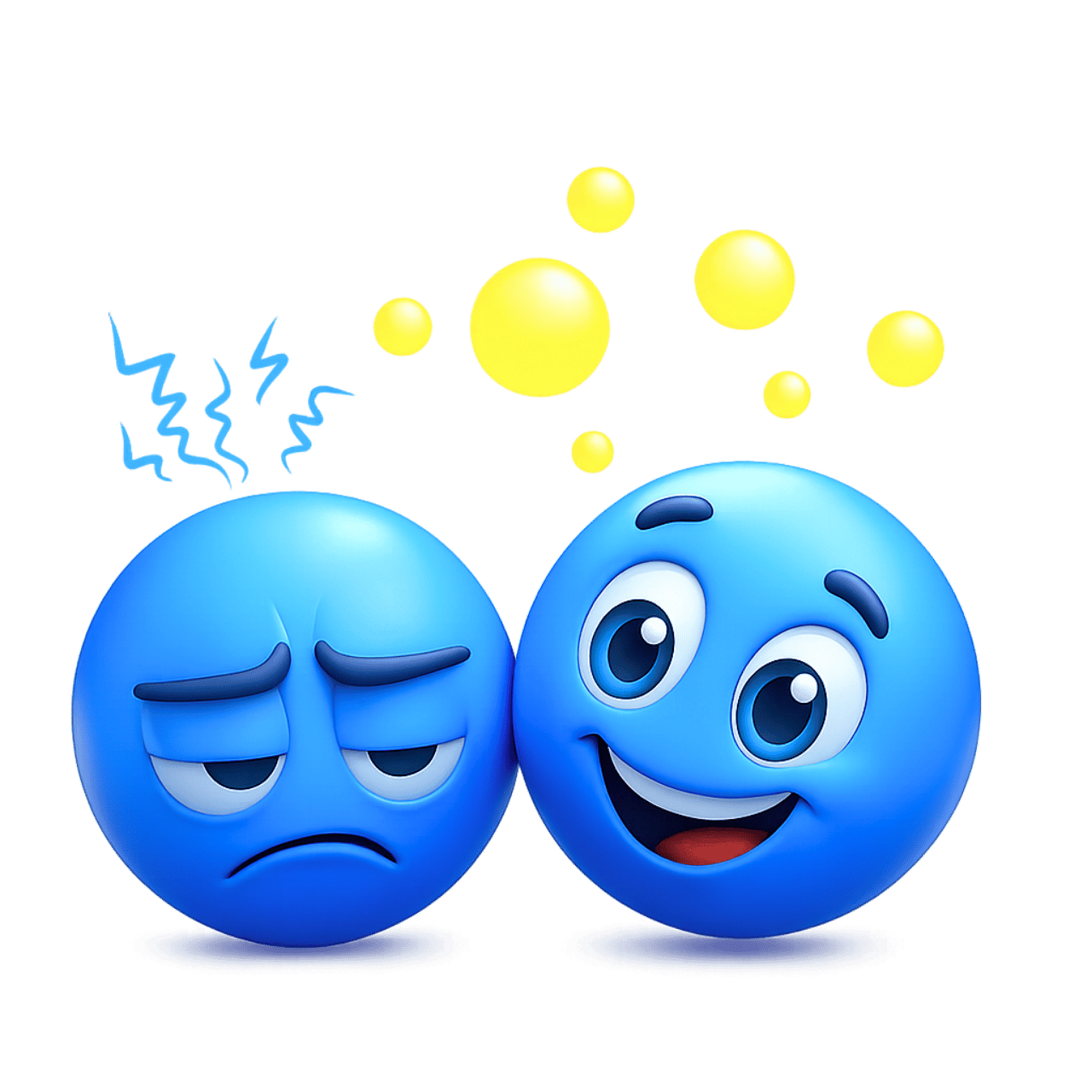 Blue grumpy emoji with angry face next to happy smiling emoji
