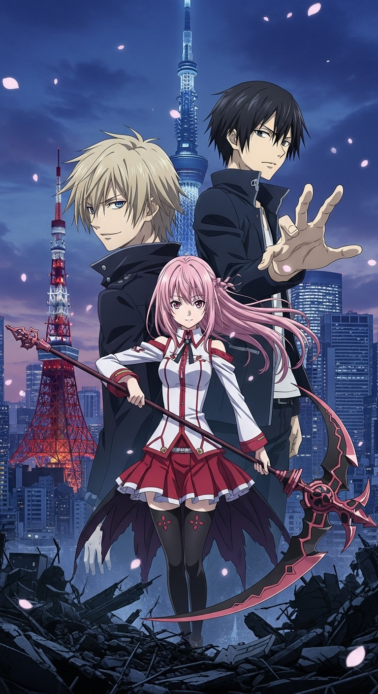 Guilty Crown anime wallpaper featuring Shu, Inori, and Gai with Tokyo city background