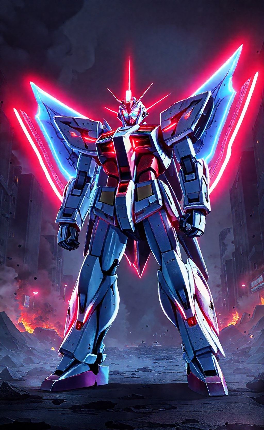 Futuristic Gundam Unicorn anime wallpaper with glowing neon wings in dramatic battle scene