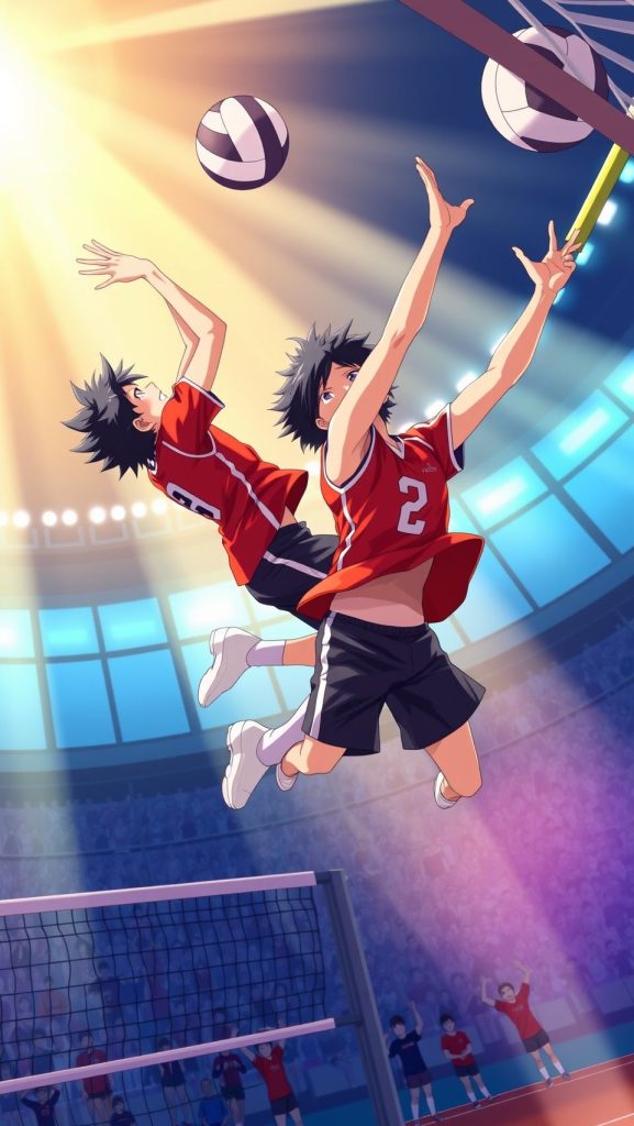 Haikyuu anime volleyball players jumping mid-air for spike and block action wallpaper