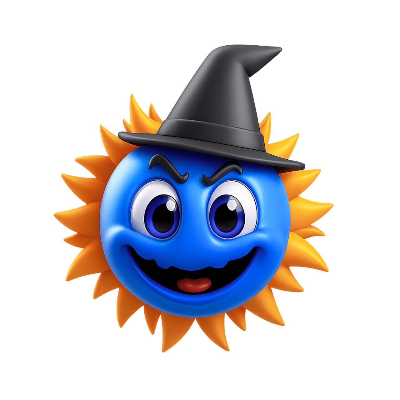 Blue Halloween sun emoji with witch hat and spooky mischievous smiling face