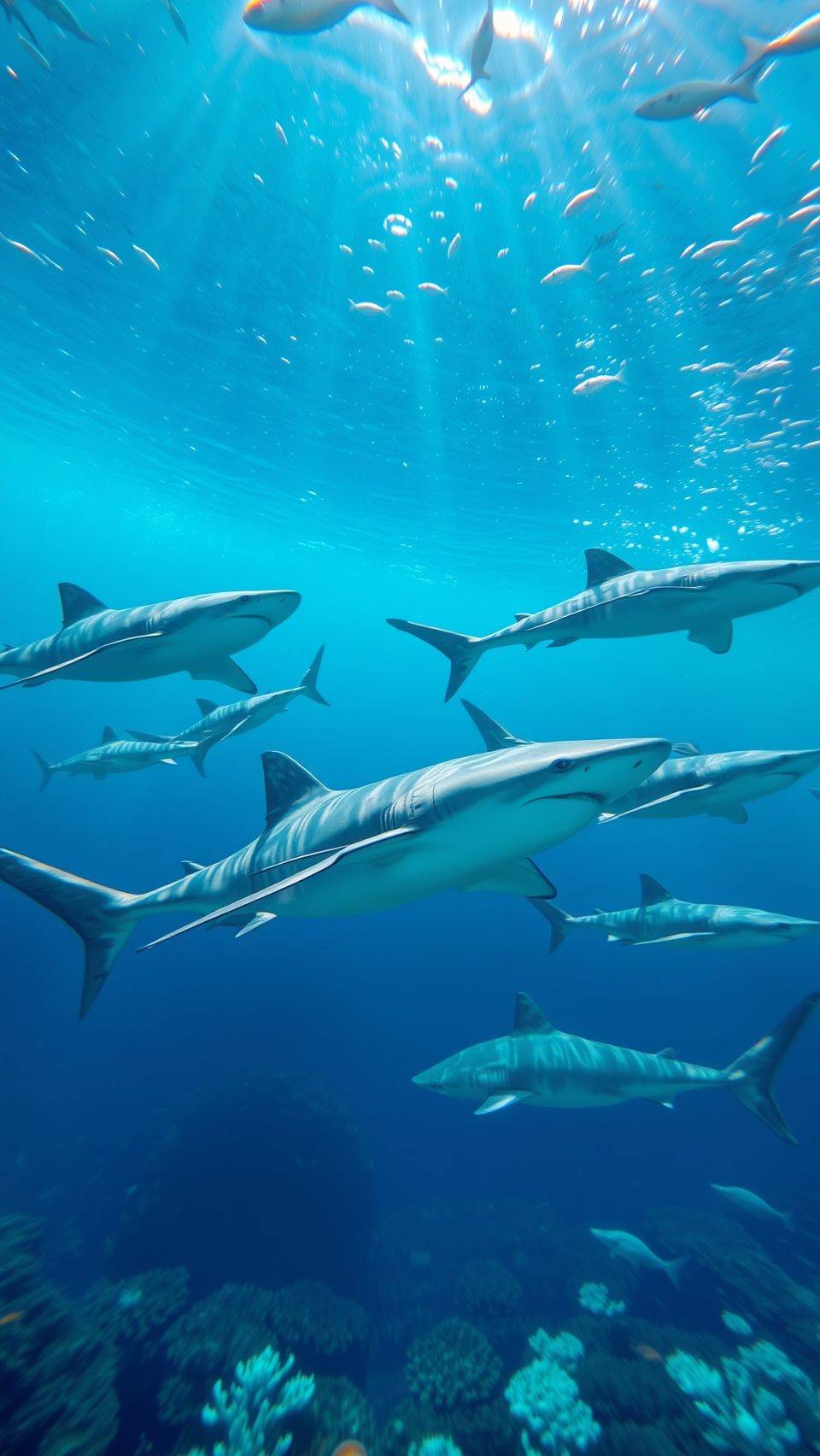 Group of hammerhead sharks swimming gracefully in deep blue ocean underwater scene