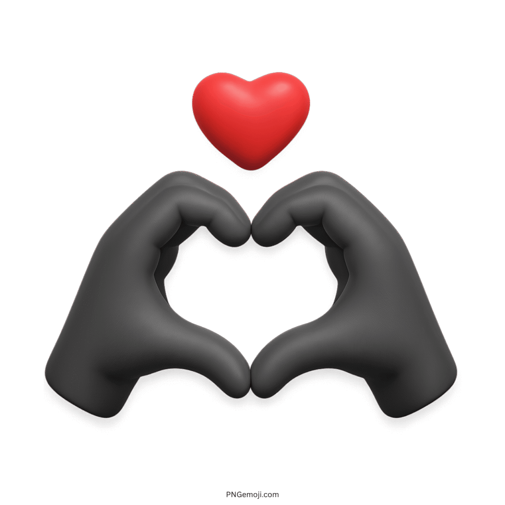 Black gloves forming a heart with a red heart above, symbolizing love and unity.