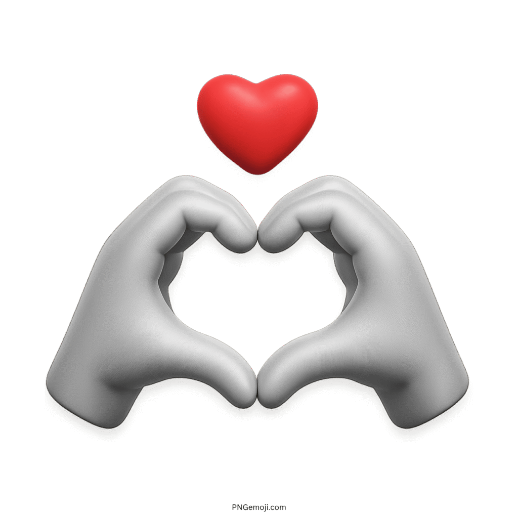 Silver gloves forming a heart with a red heart above, symbolizing affection and connection.