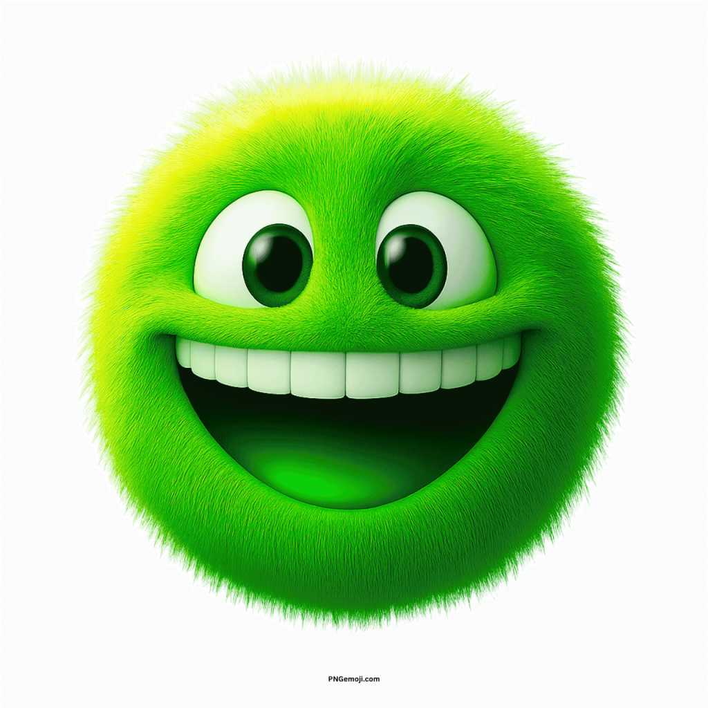 Green furry emoji with wide smile and big eyes expressing joy on transparent background