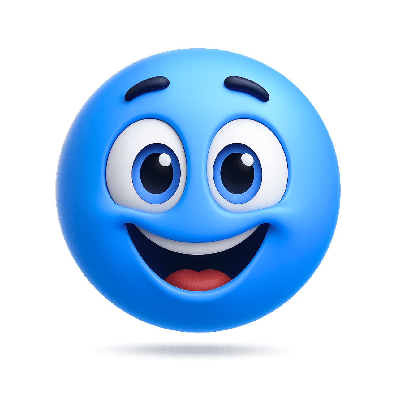 Blue happy smiley face emoji with big eyes and cheerful cute cartoon expression