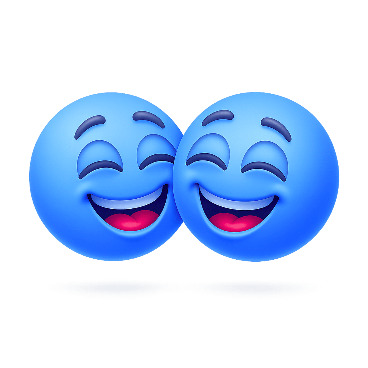Two happy blue emoticons emoji smiling together showing friendship, joy, laughter, and fun.