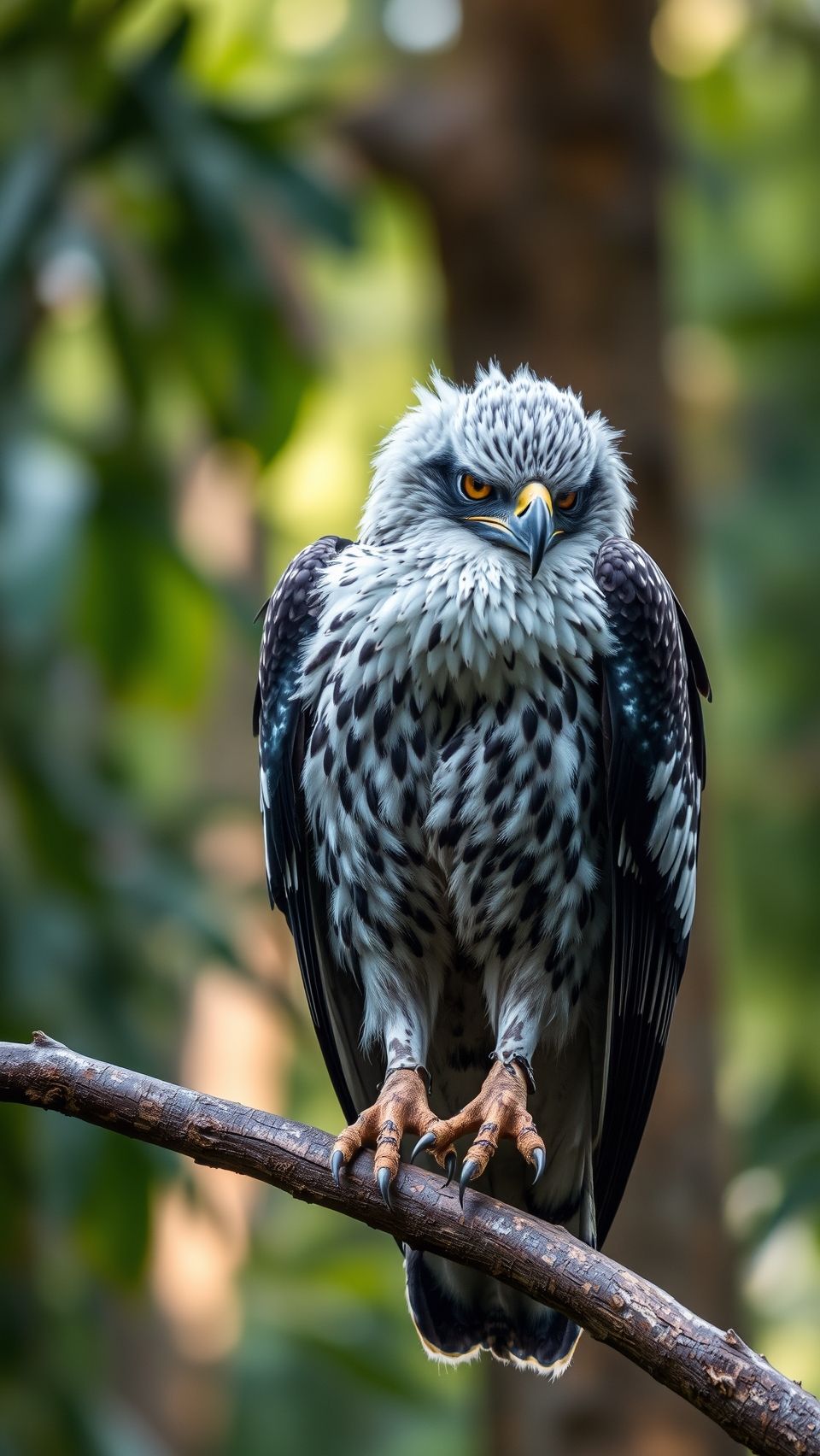 Majestic harpy eagle perched on tree branch with sharp talons and fierce gaze