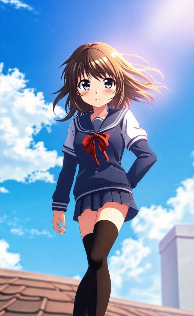 Haruhi Suzumiya anime girl in school uniform under bright blue sky wallpaper