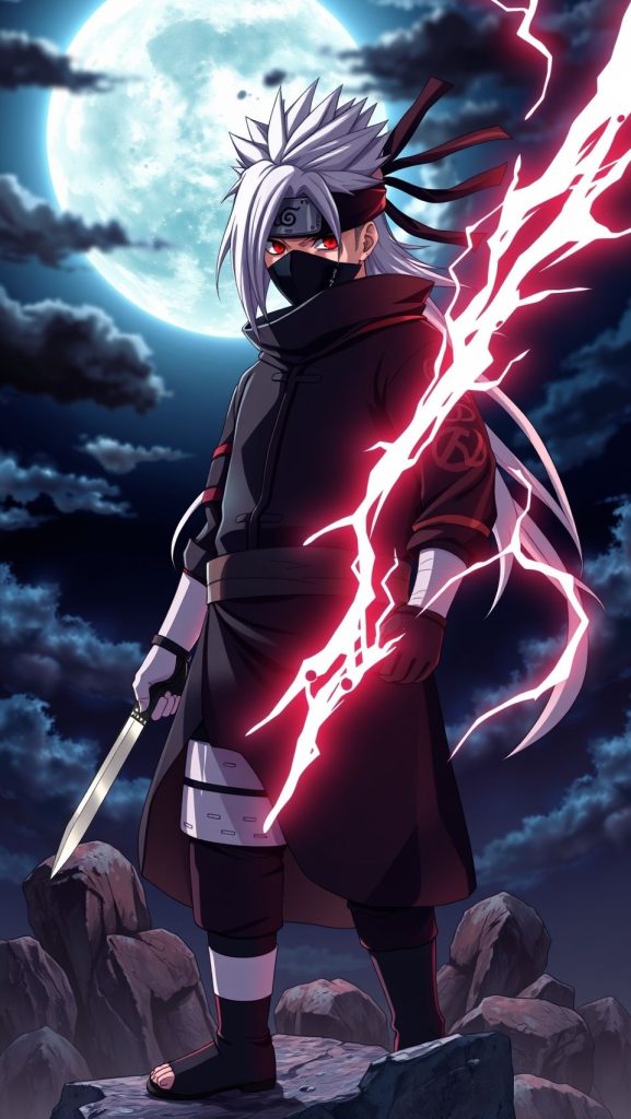 Hatake Kakashi Naruto wallpaper with lightning Chidori power and full moon background