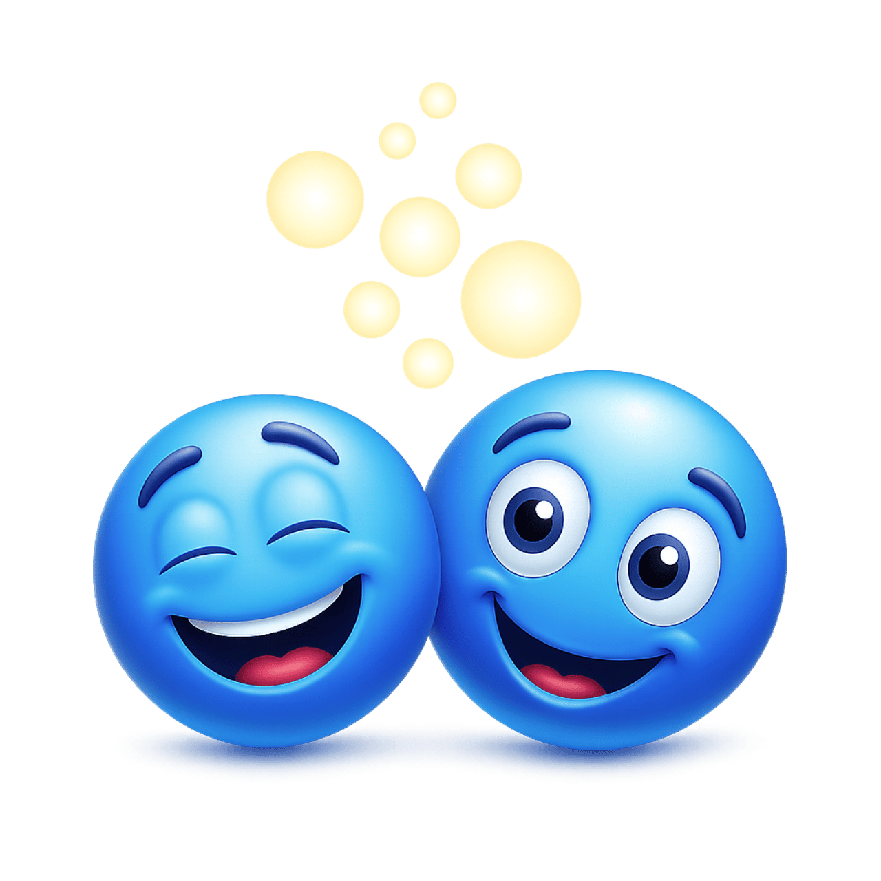 Blue laughing and smiling emoji faces together showing friendship, joy, fun and happiness