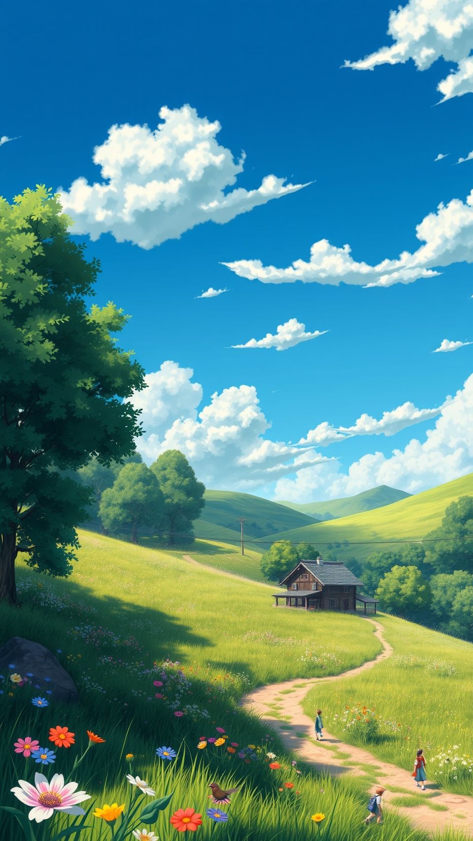 Hayao Miyazaki inspired anime wallpaper of countryside cottage, children, flowers, trees, and blue sky