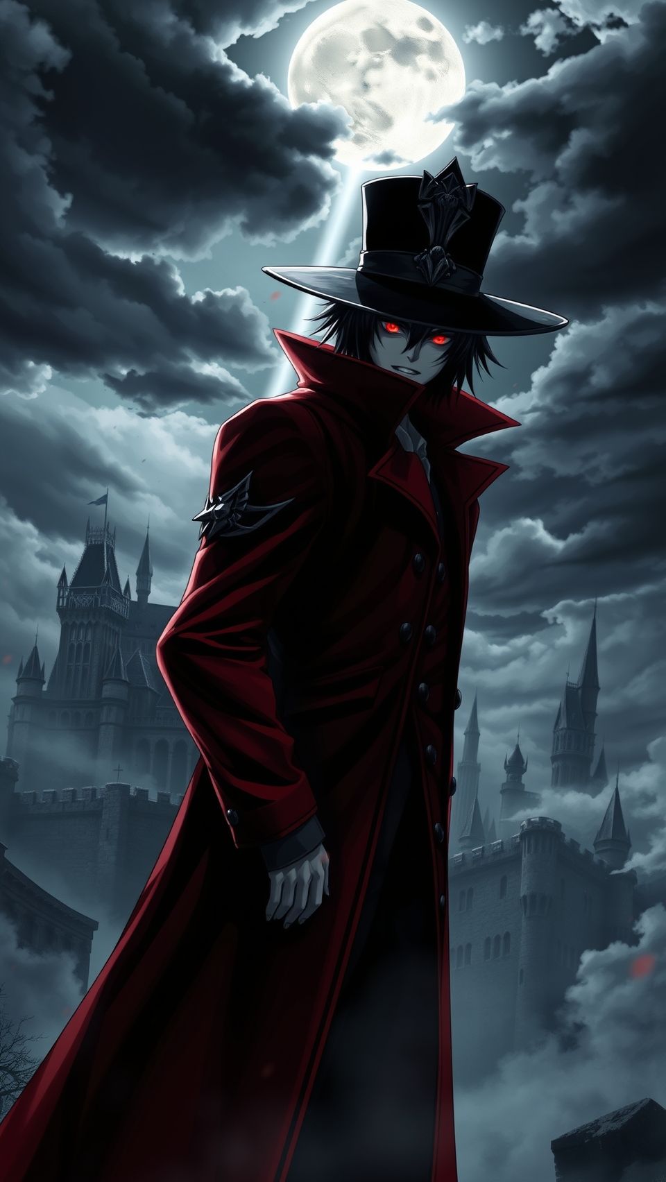 Hellsing Alucard vampire anime wallpaper with red coat and glowing eyes under moonlight