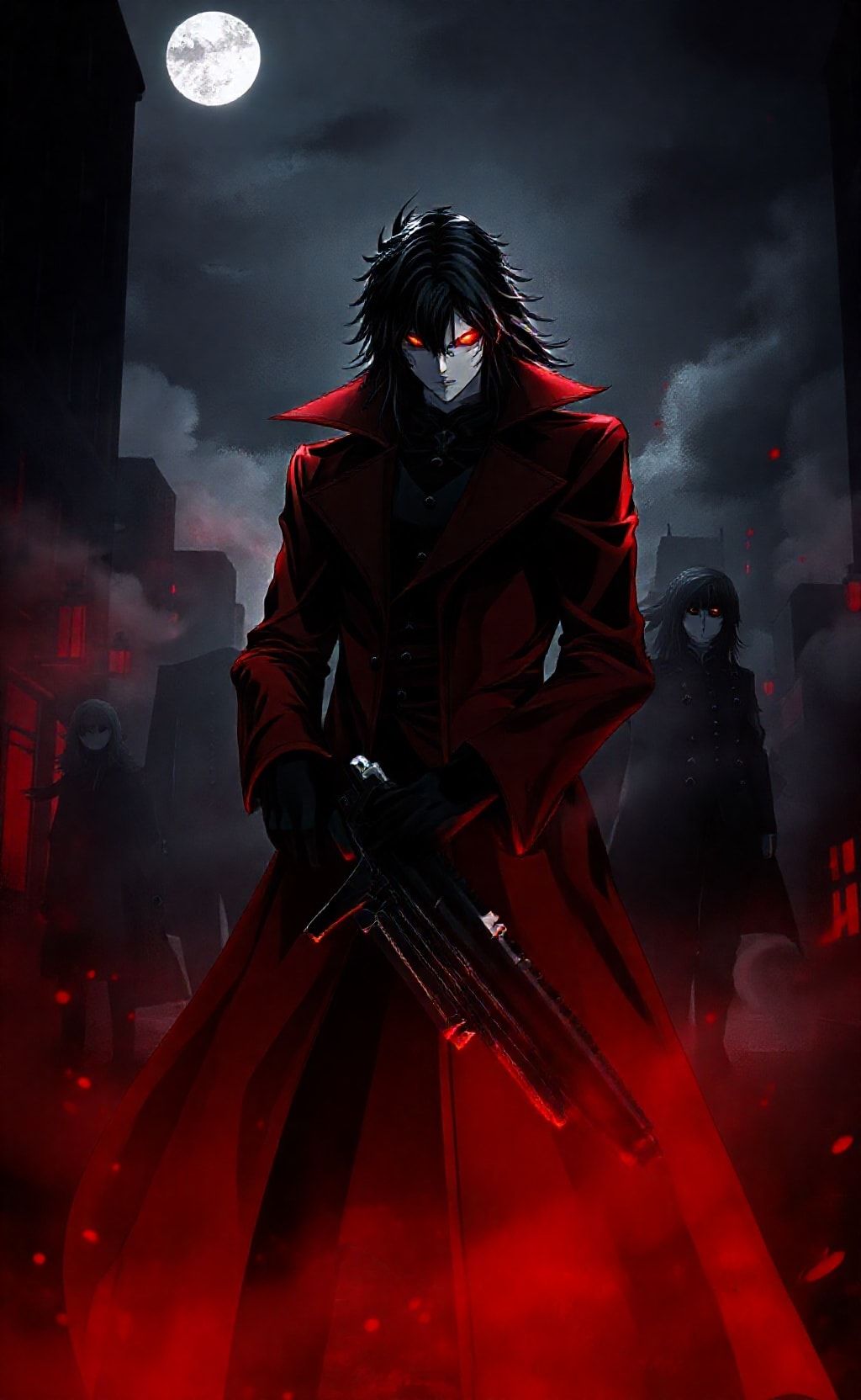 Hellsing Ultimate anime wallpaper featuring Alucard in a red coat with glowing eyes under a moon.