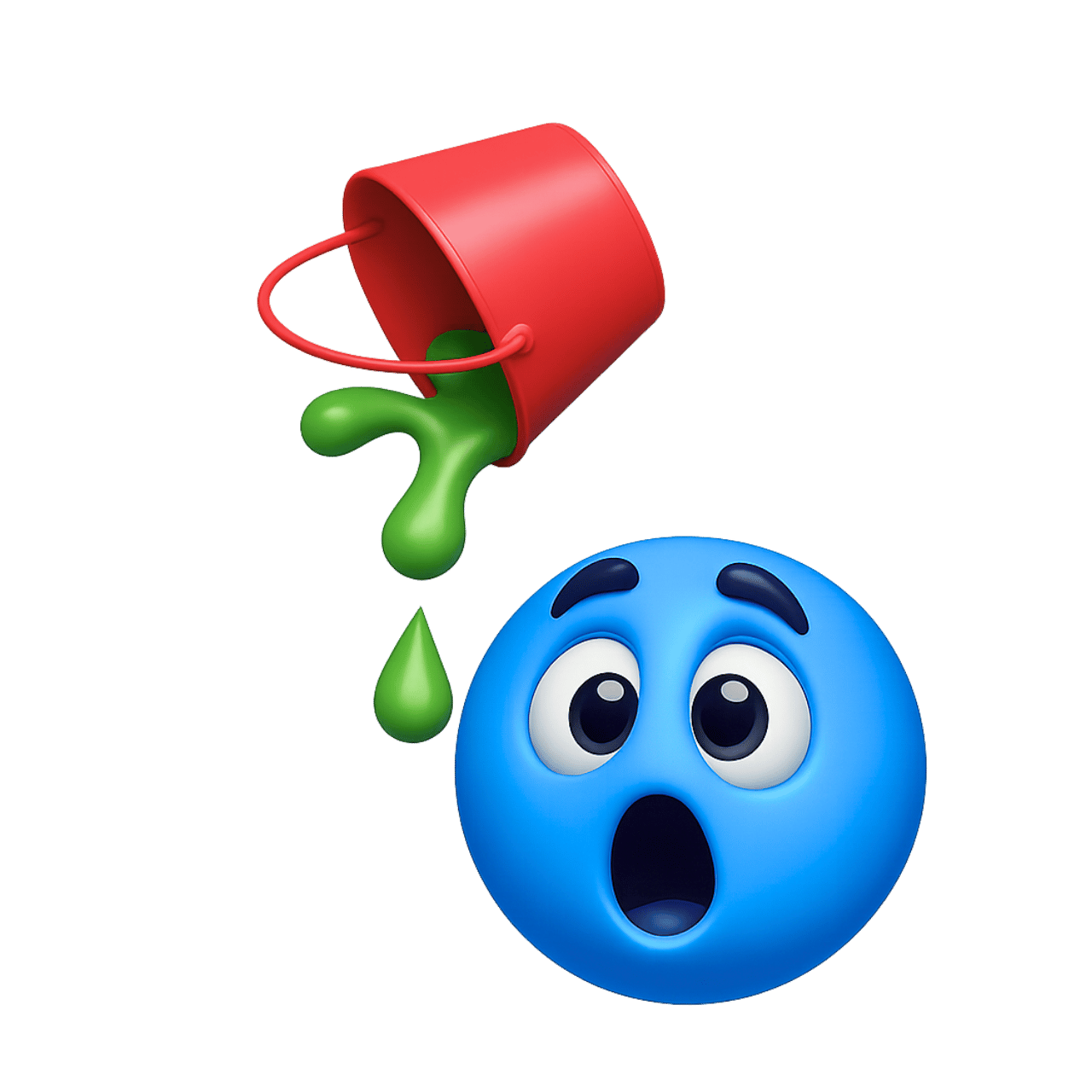 Surprised blue emoji face with green paint spilling from red bucket