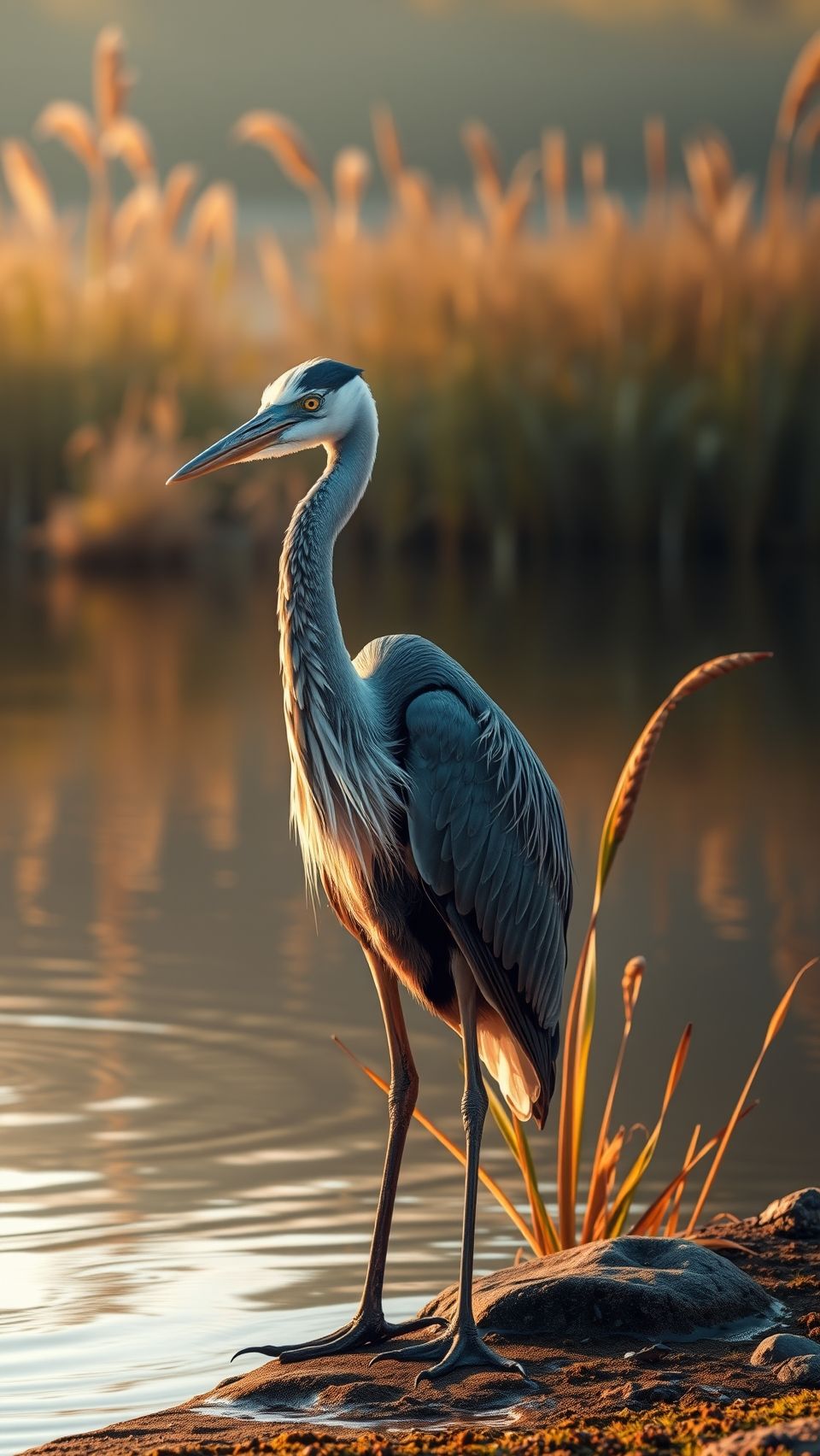 Heron bird standing gracefully near water at sunset, captured in soft golden lighting.