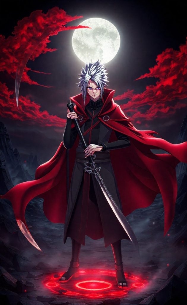Hidan from Naruto Shippuden standing under full moon with dark red aura wallpaper