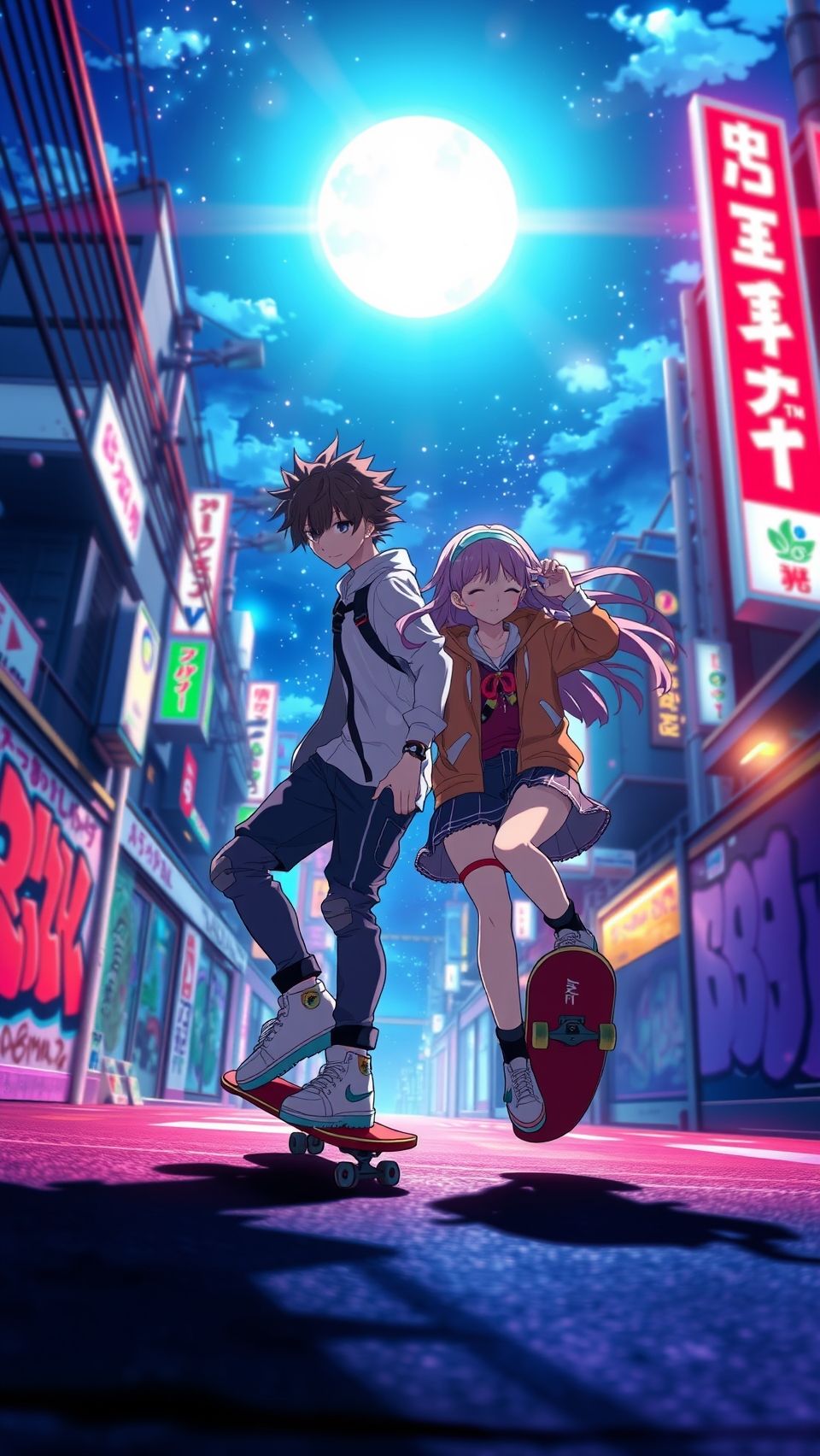 High quality SK8 the Infinity anime wallpaper featuring Reki and Langa skateboarding at night