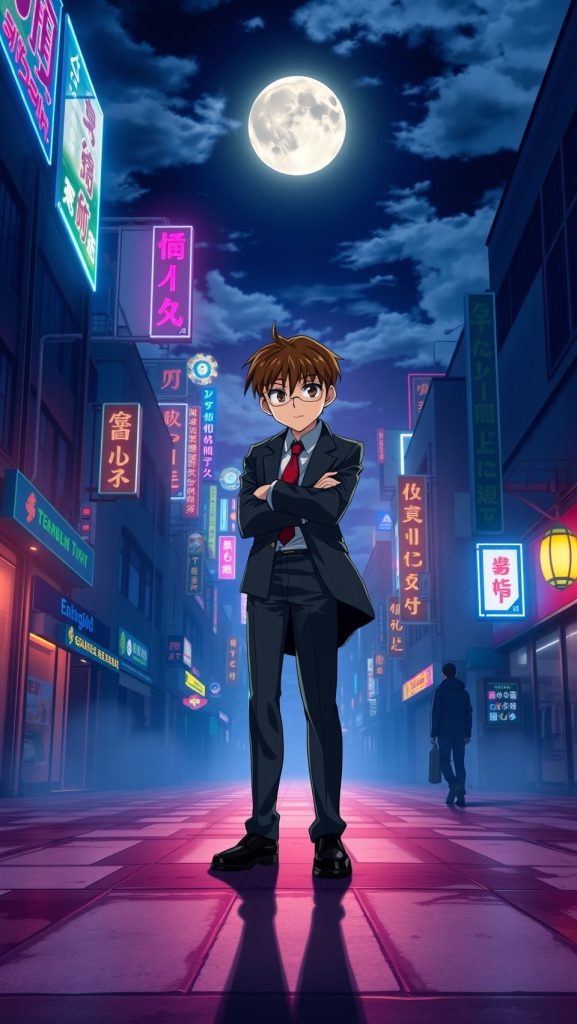 Detective Conan anime wallpaper standing confidently in city street under full moon night