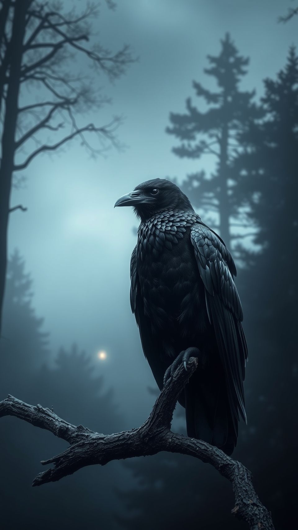 A realistic raven perched on a dark weathered tree branch in a misty forest background.
