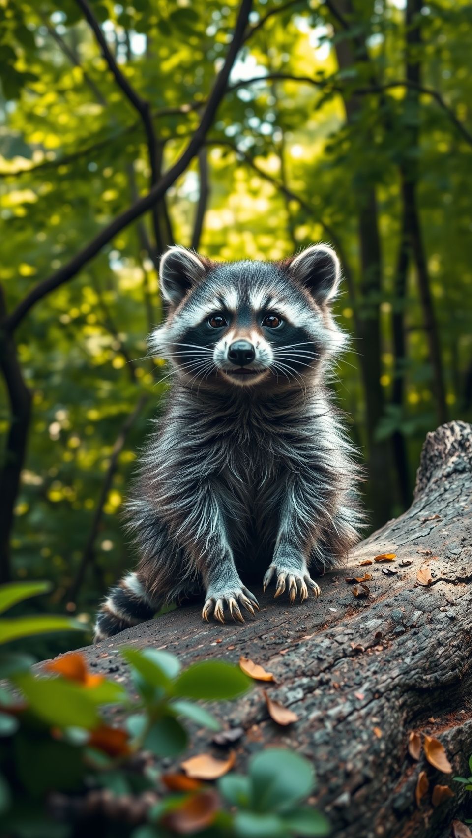 A cute raccoon sitting on a log in a vibrant green forest with detailed fur.