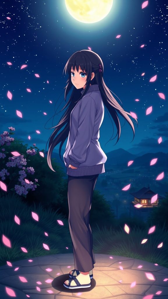 Hinata Hyuga anime wallpaper under glowing full moon with cherry blossom petals falling