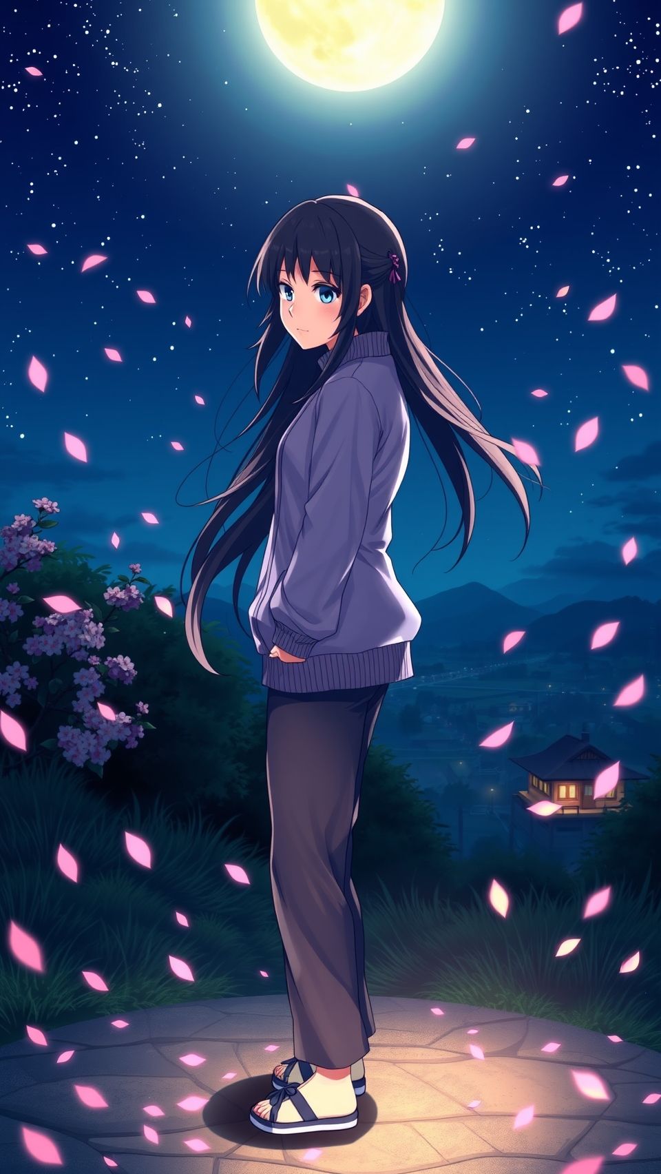 Hinata Hyuga anime wallpaper under glowing full moon with cherry blossom petals falling