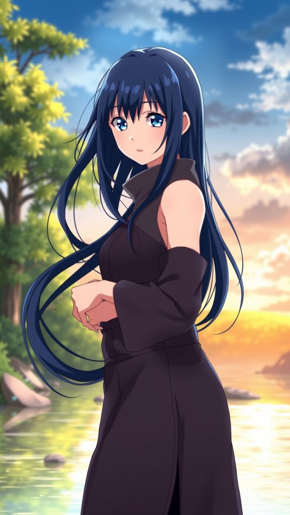 Anime Hinata Hyuga wallpaper from Naruto with long dark hair and sunset background