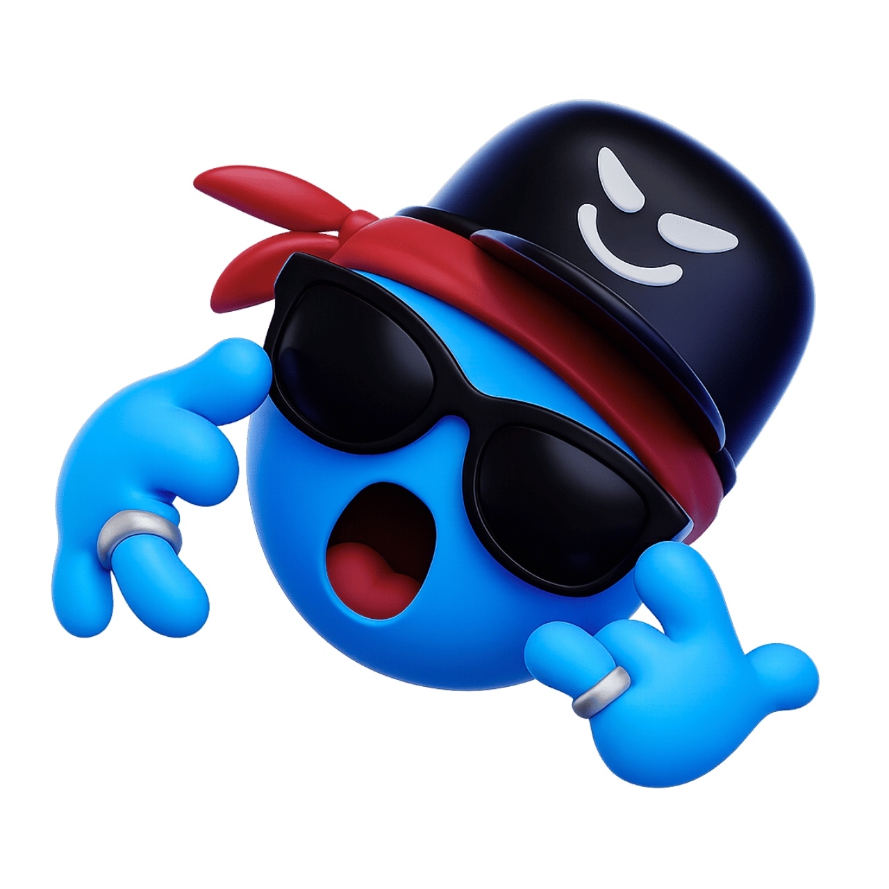 Hip-hop smiley emoji with blue face, sunglasses, hat, and red bandana style