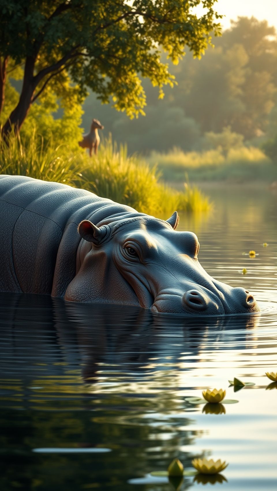 A hippopotamus in its natural habitat, partially submerged in calm water with yellow water lilies and a serene background at sunrise.
