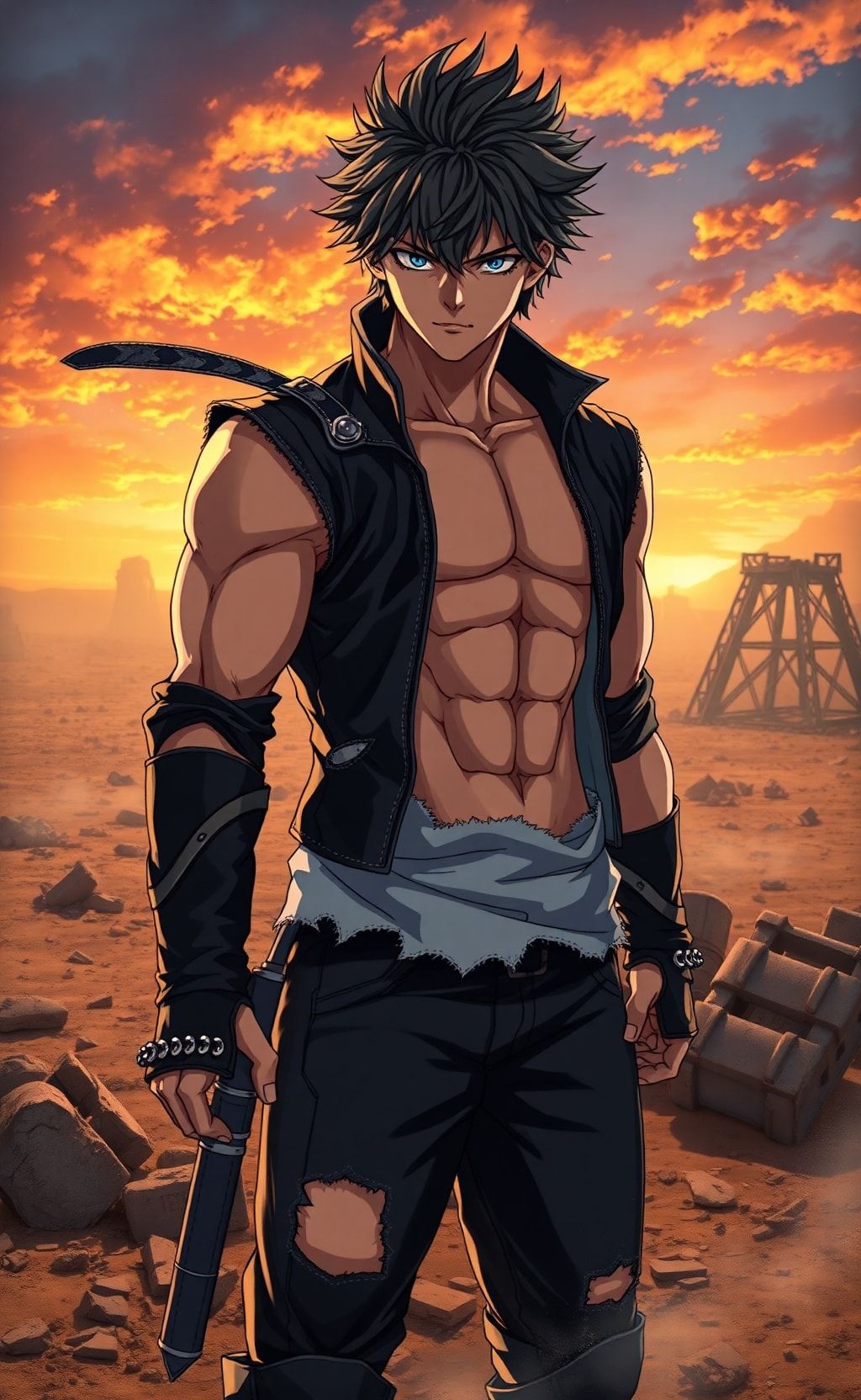 Hokuto no Ken anime warrior Kenshiro standing shirtless in wasteland sunset background