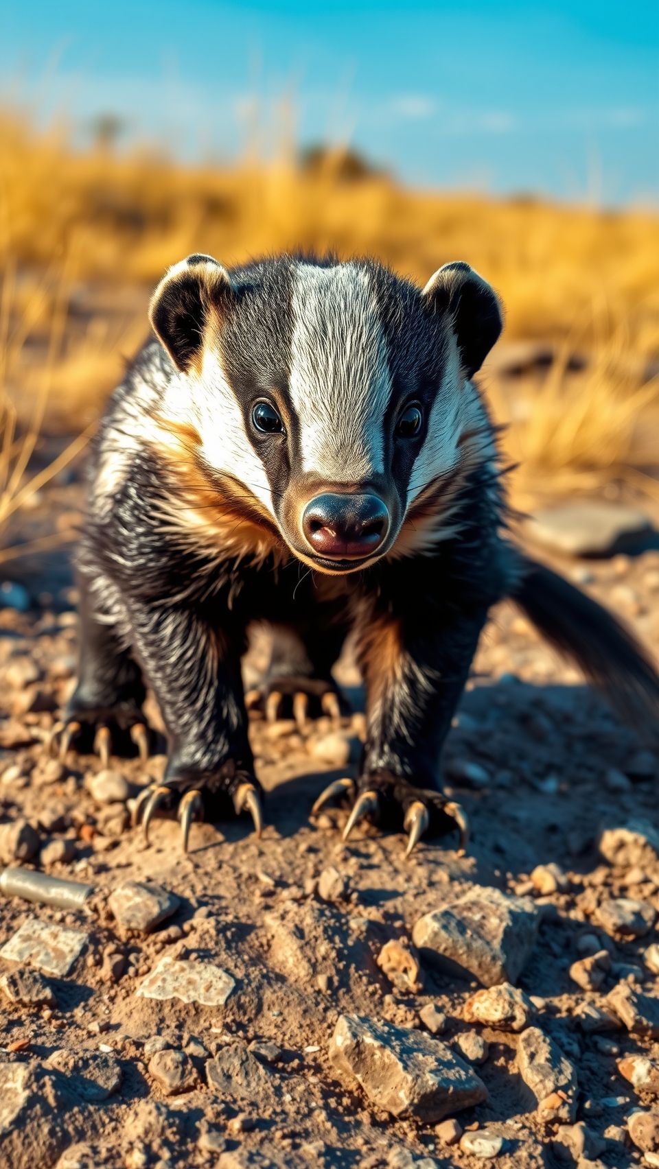 Ultra-realistic honey badger wallpaper in wild natural habitat with sharp claws and details