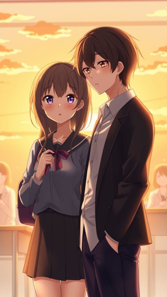 Horimiya anime wallpaper featuring Hori Kyouko and Miyamura Izumi standing together at sunset