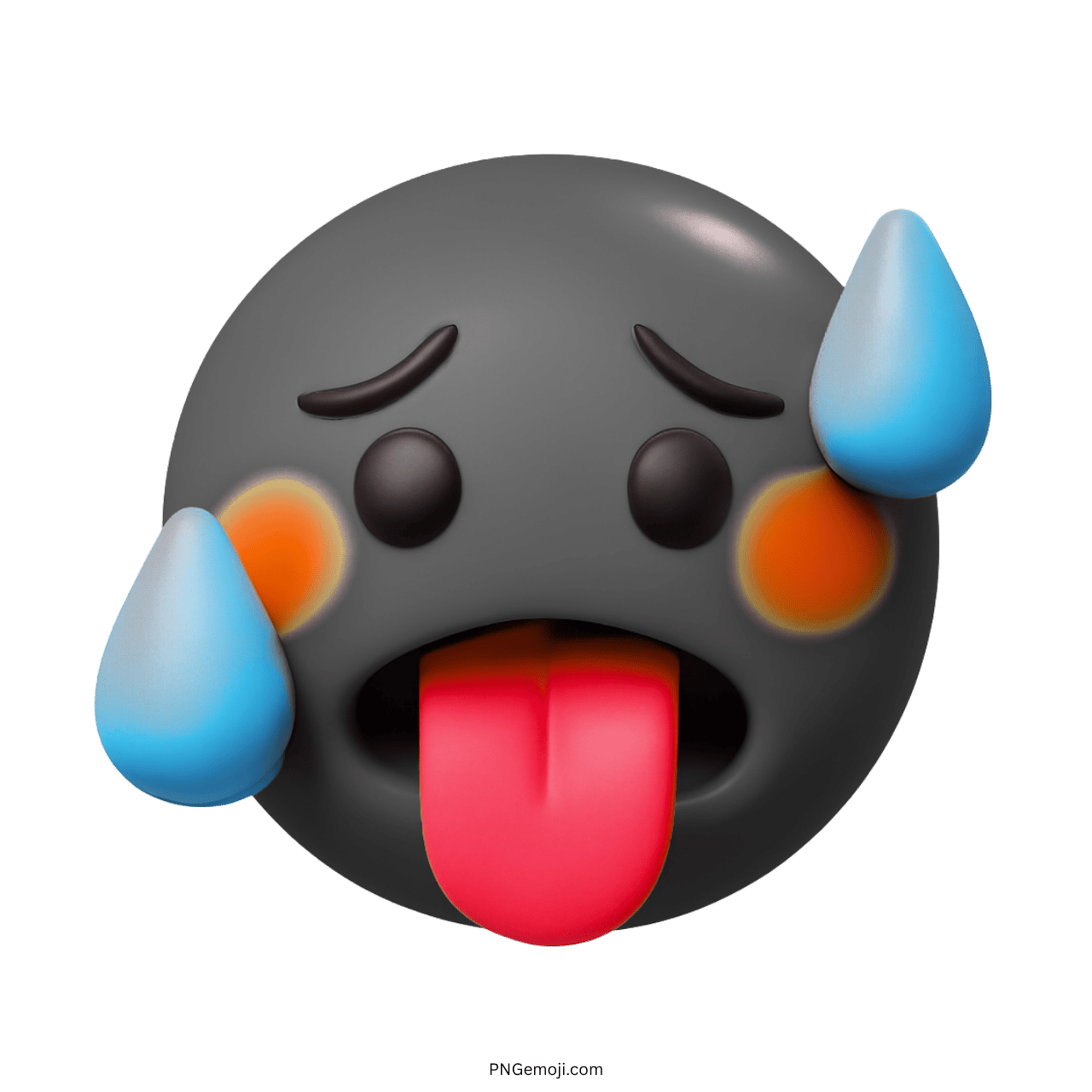 3D hotness emoji with sweat droplets, black face, and red tongue expressing discomfort.