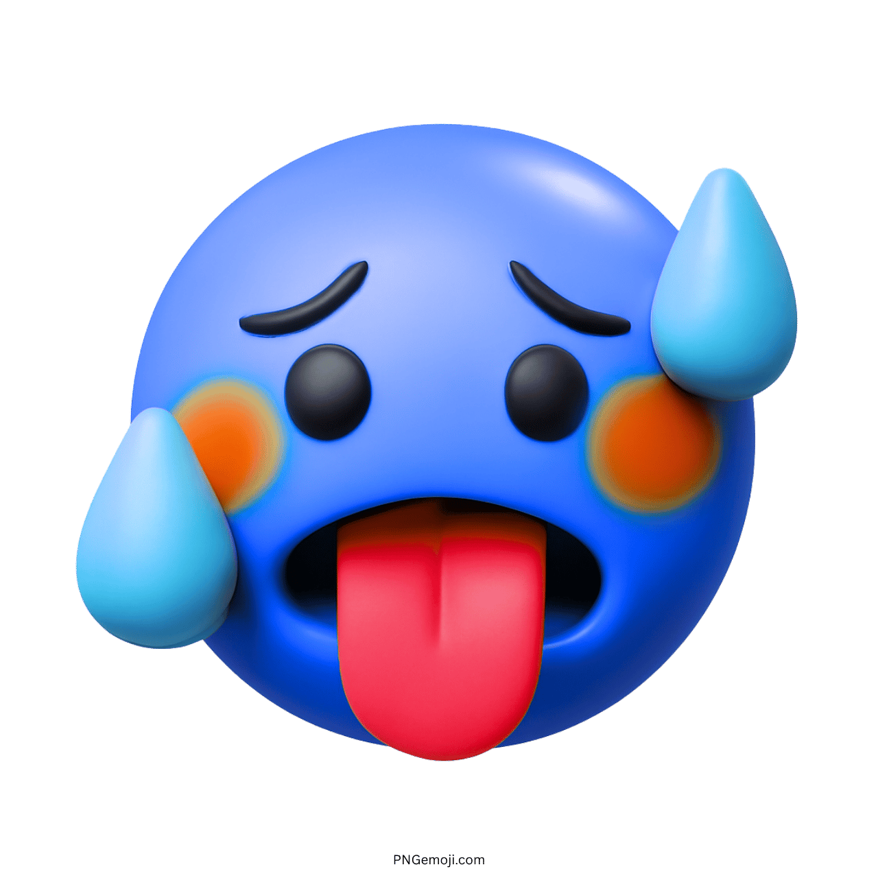 3D hotness emoji with sweat droplets, blue face, and red tongue expressing discomfort.