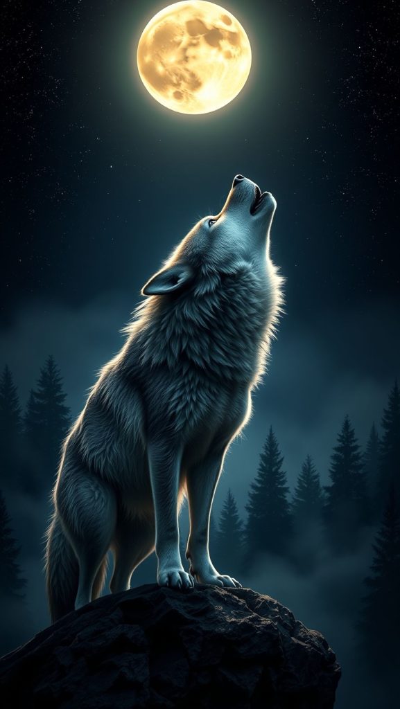 A lone wolf howling under the full moon in a dark forest.