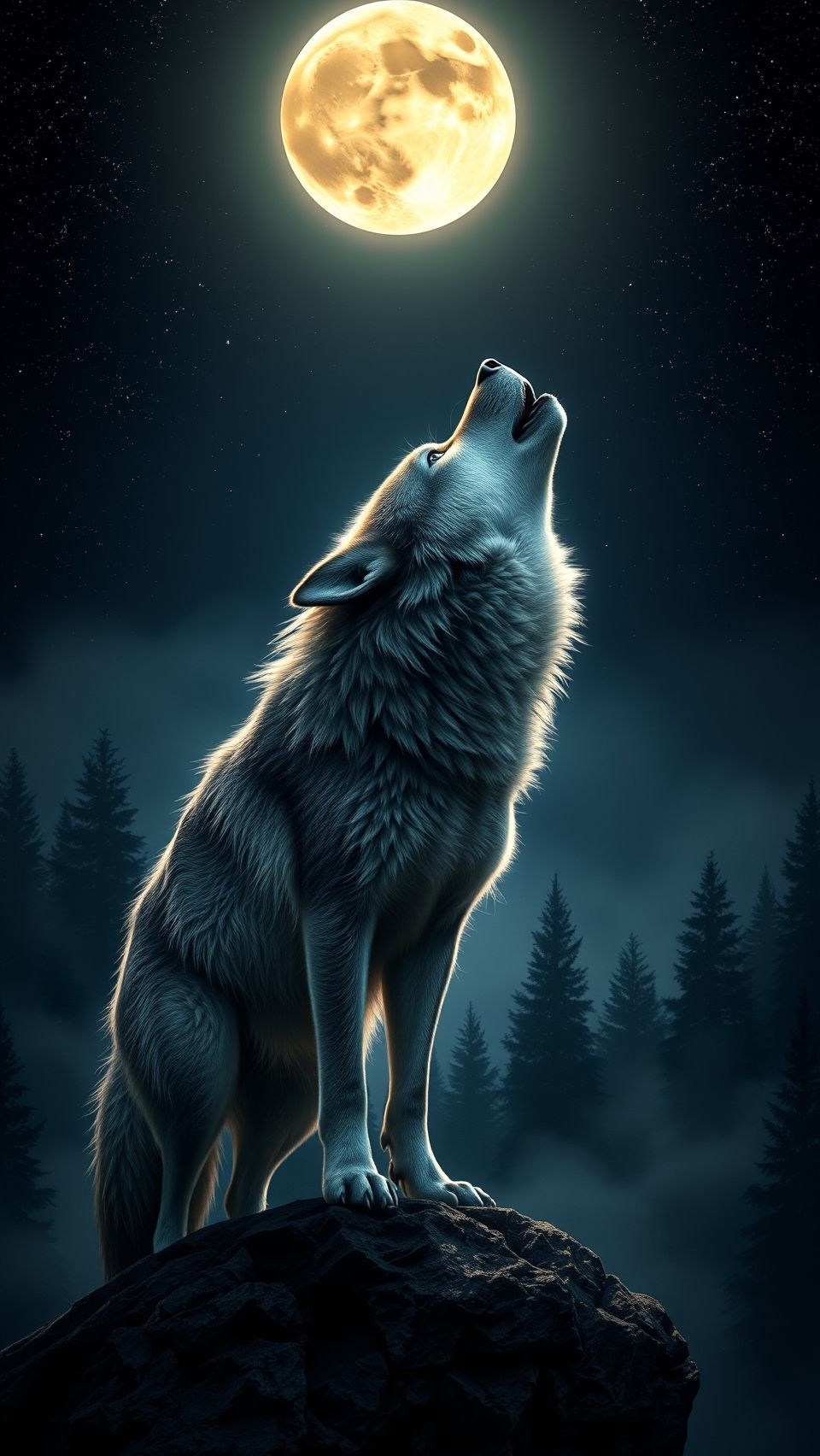 A lone wolf howling under the full moon in a dark forest.
