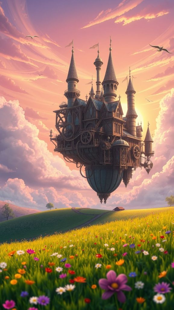 A floating steampunk castle over a vibrant flower field inspired by Howl's Moving Castle.