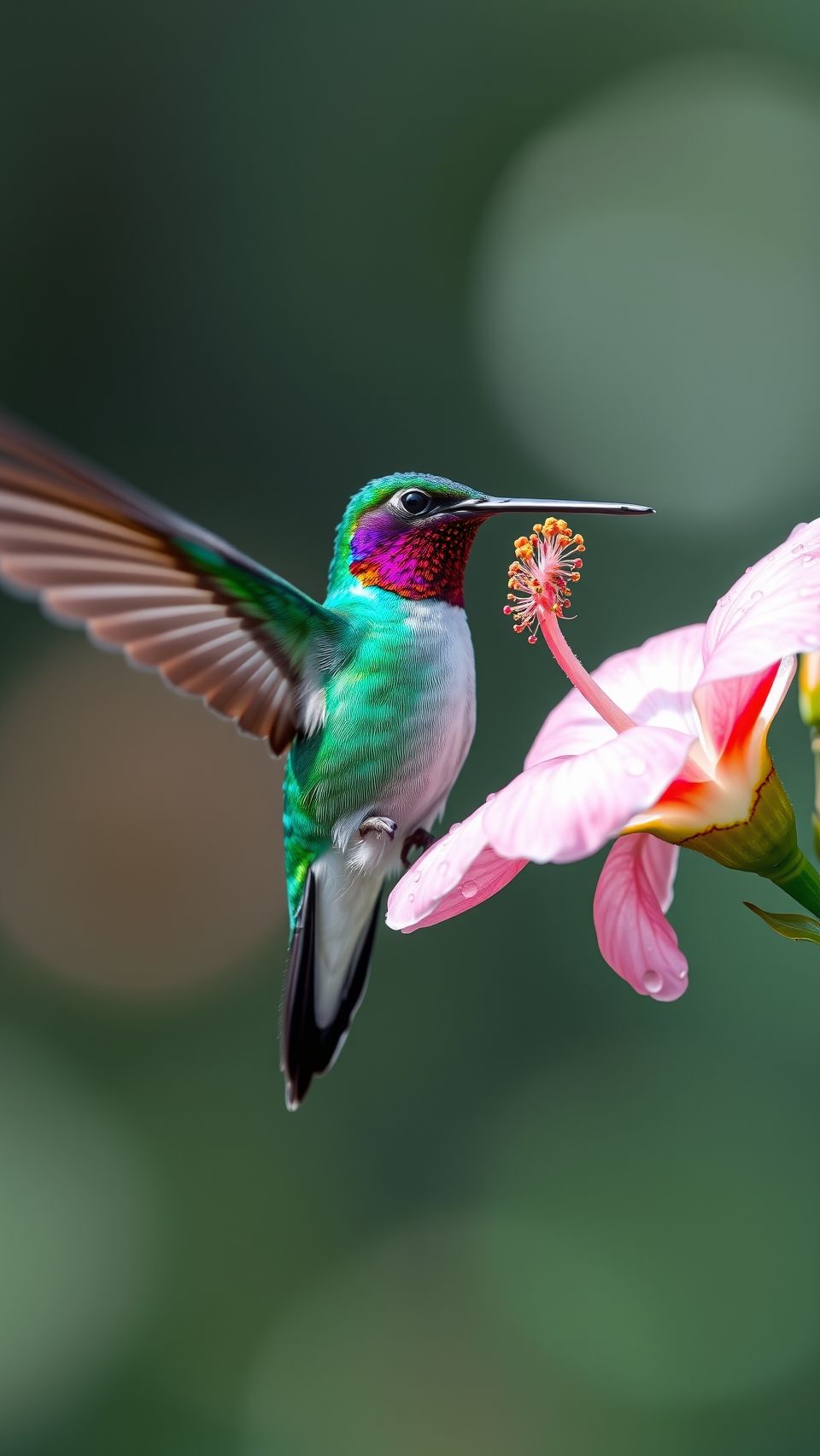 Vibrant green hummingbird hovering near pink flower with detailed wings.