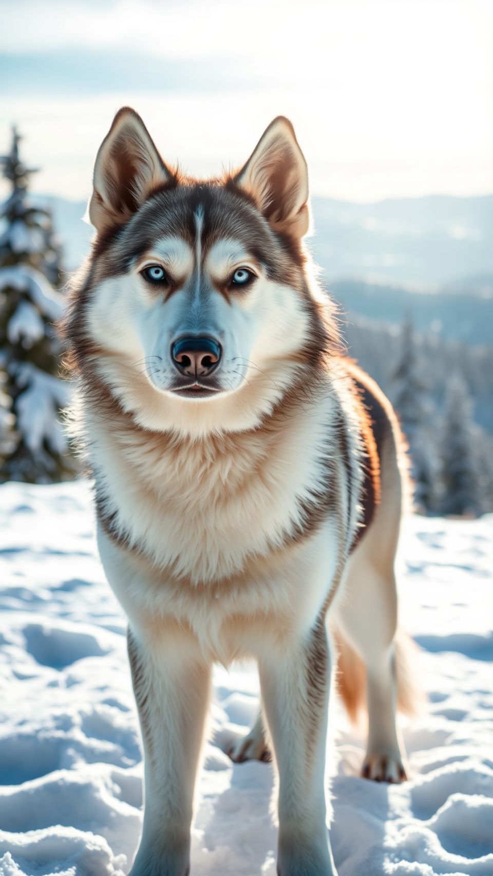 High resolution husky dog standing in snow-covered mountain landscape, with blue eyes and winter backdrop.
