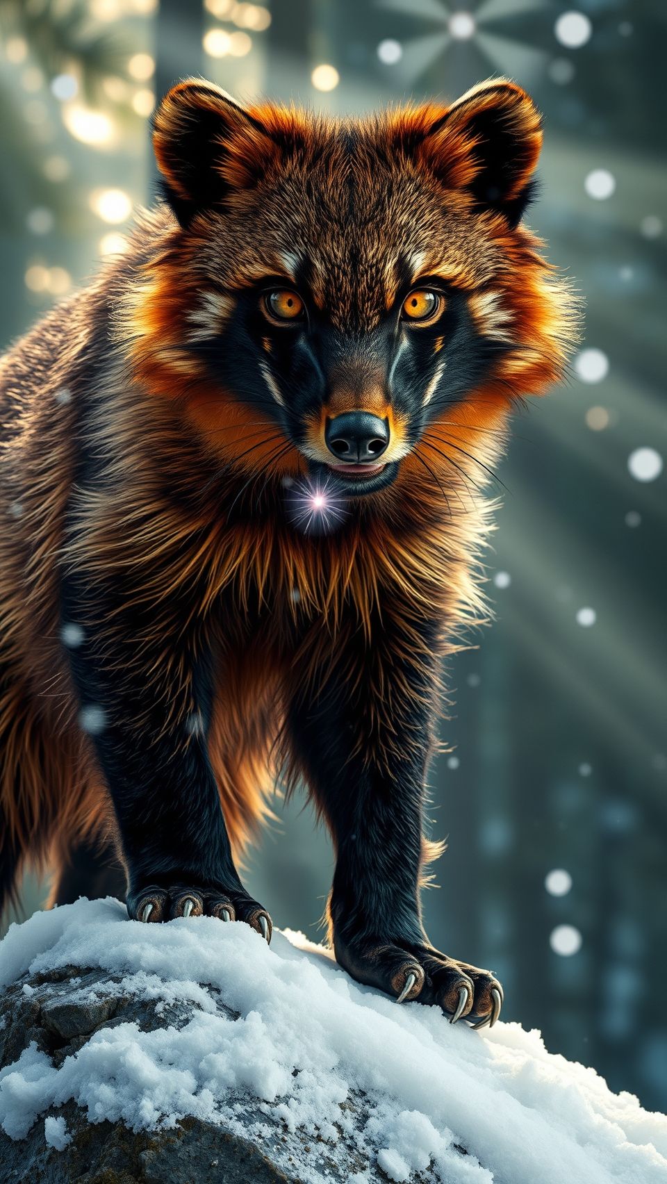 Hyper-realistic close-up of a powerful wolverine in snowy forest background