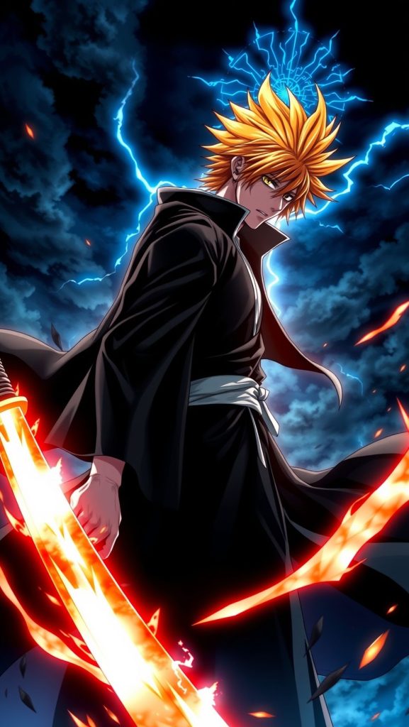 Epic Ichigo Kurosaki Bleach wallpaper with glowing sword, lightning, and intense anime battle aura