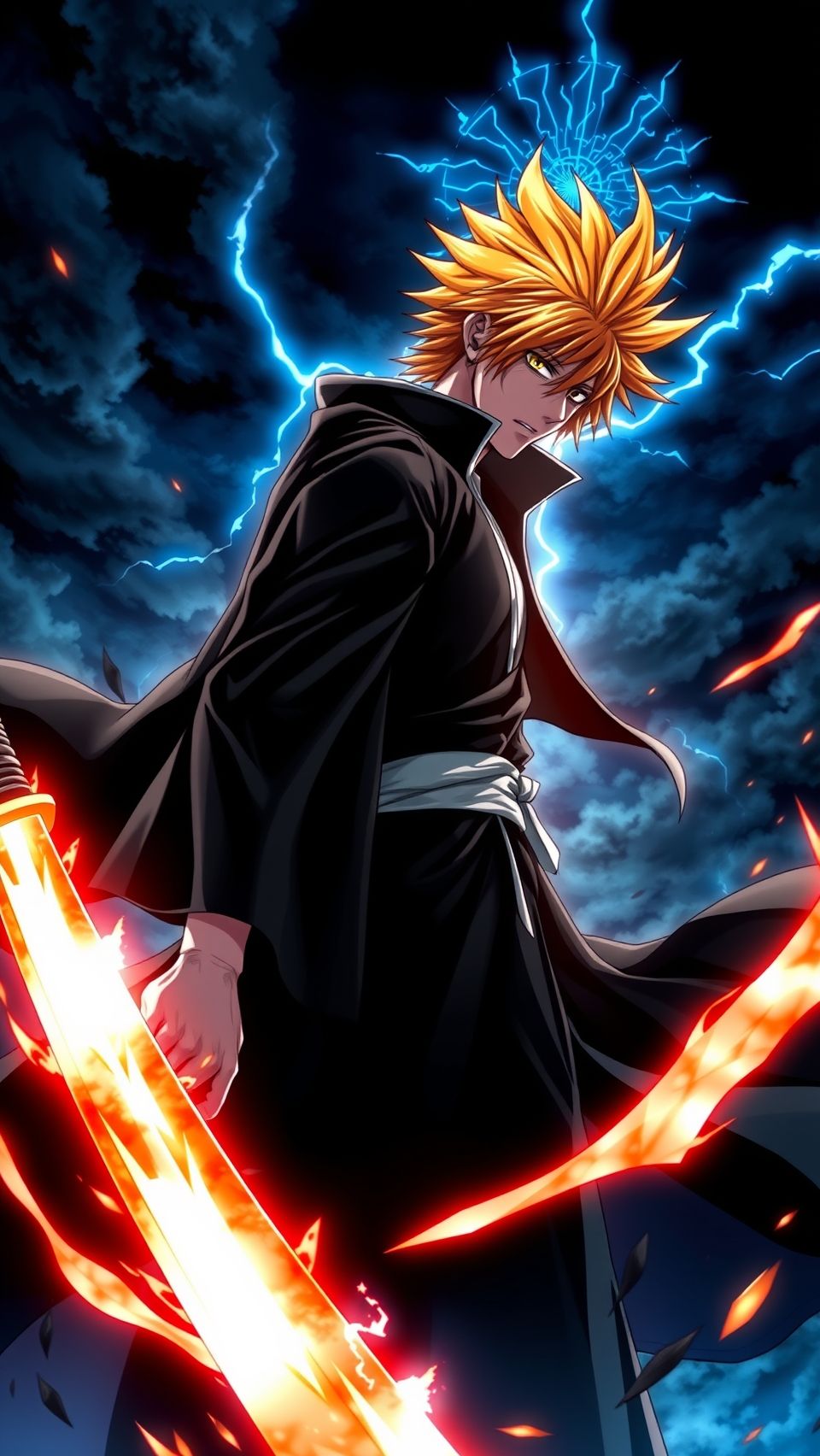 Epic Ichigo Kurosaki Bleach wallpaper with glowing sword, lightning, and intense anime battle aura