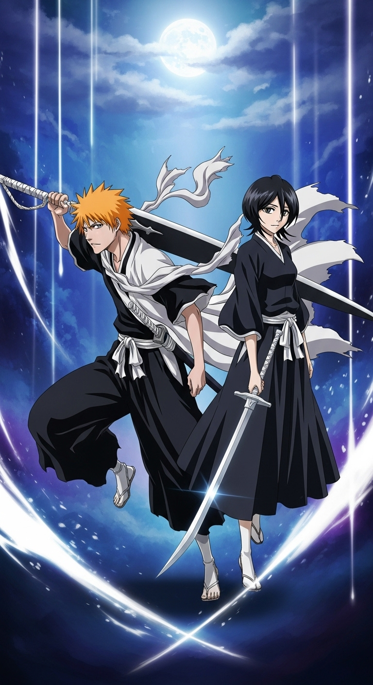 Ichigo and Rukia Bleach anime HD wallpaper with swords under moonlight sky