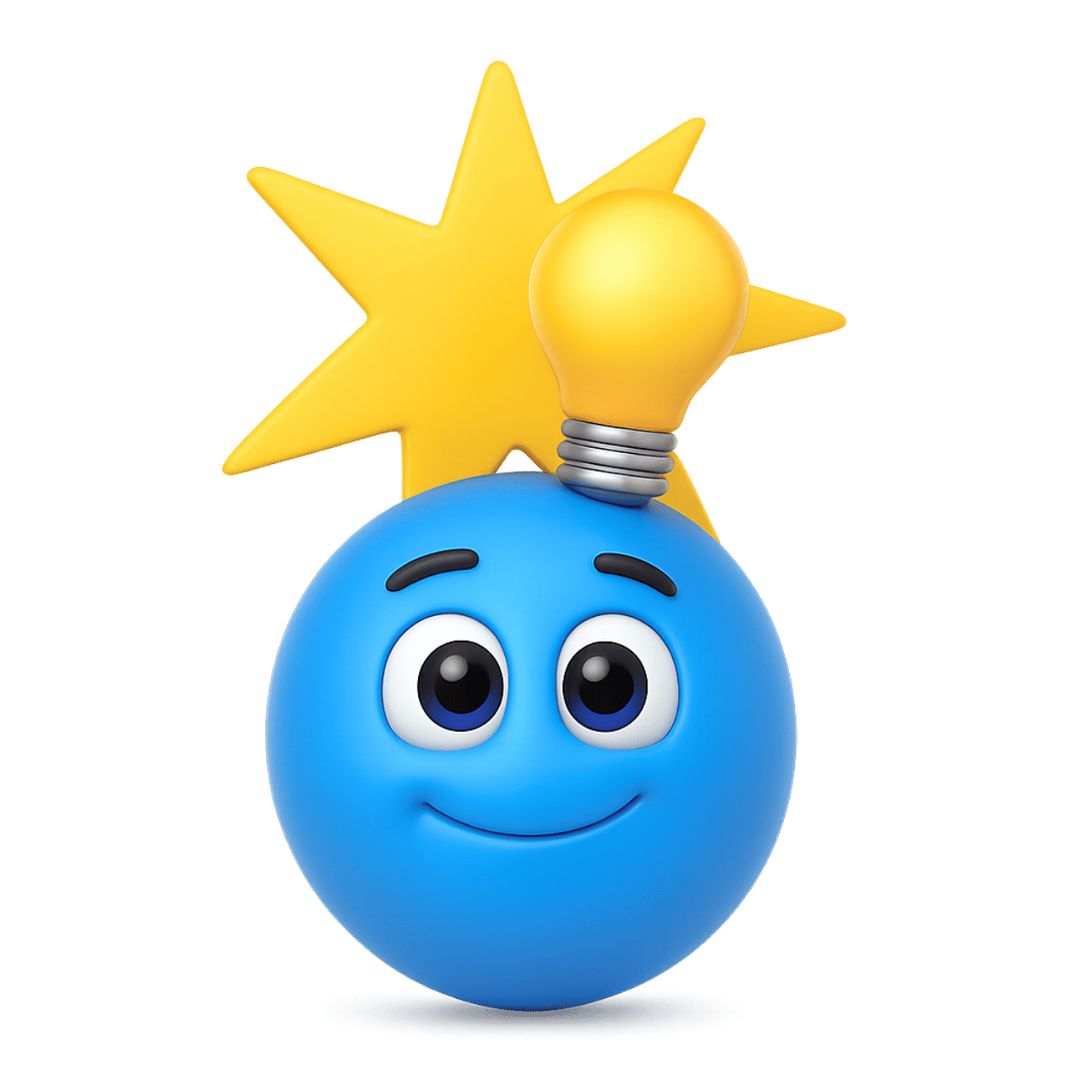 3D blue idea emoticon emoji with glowing light bulb and happy expression