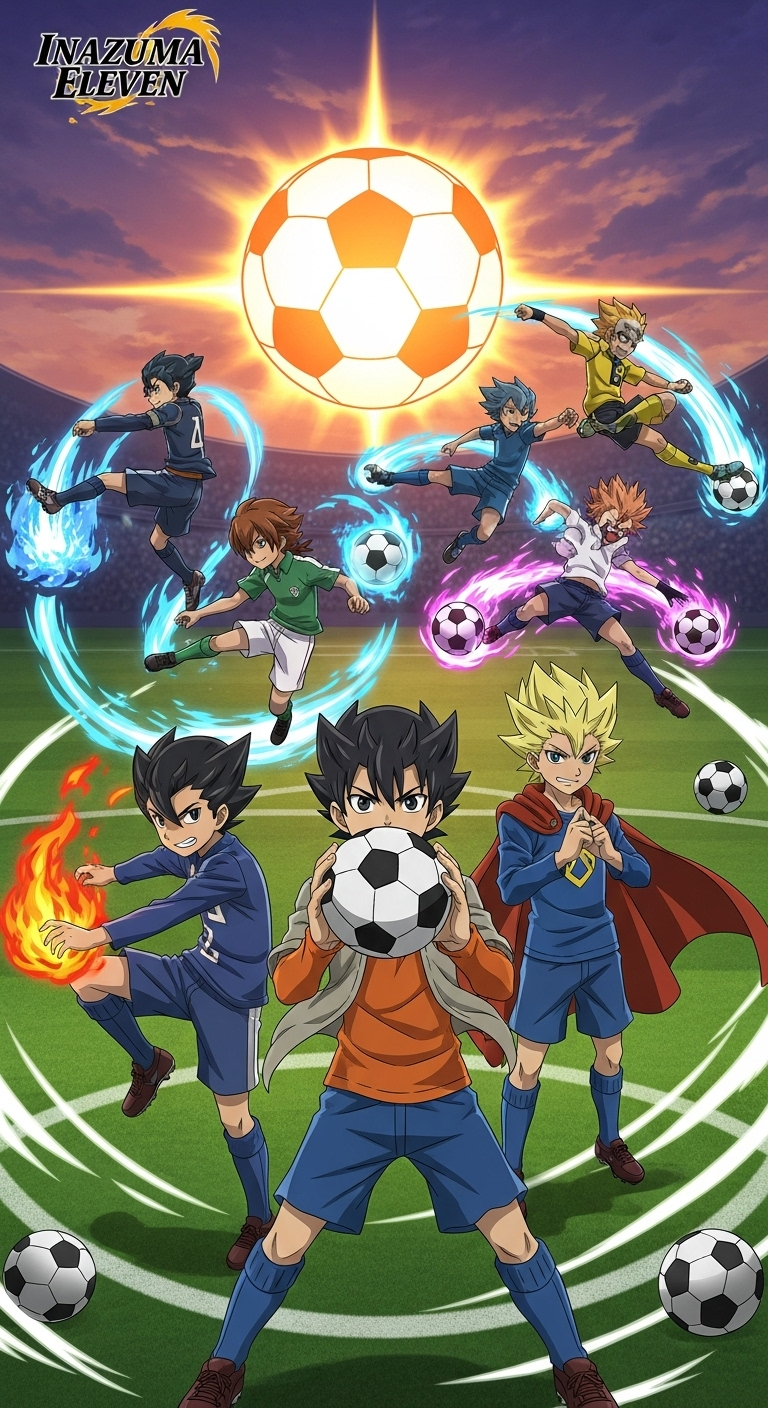 Inazuma Eleven anime soccer team players performing powerful moves wallpaper in stadium background