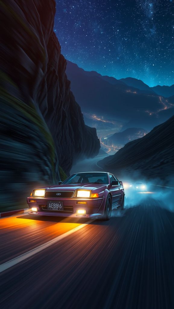 Initial D Toyota AE86 drifting on mountain pass under starry night anime wallpaper