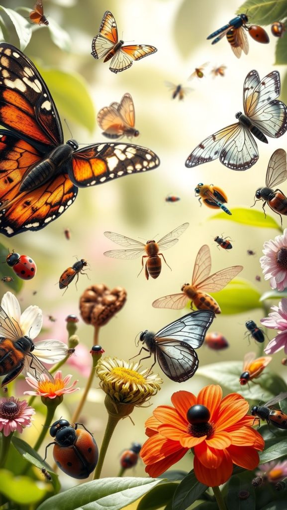 Realistic image of butterflies, bees, ladybugs, and other insects on colorful flowers in a vibrant garden.