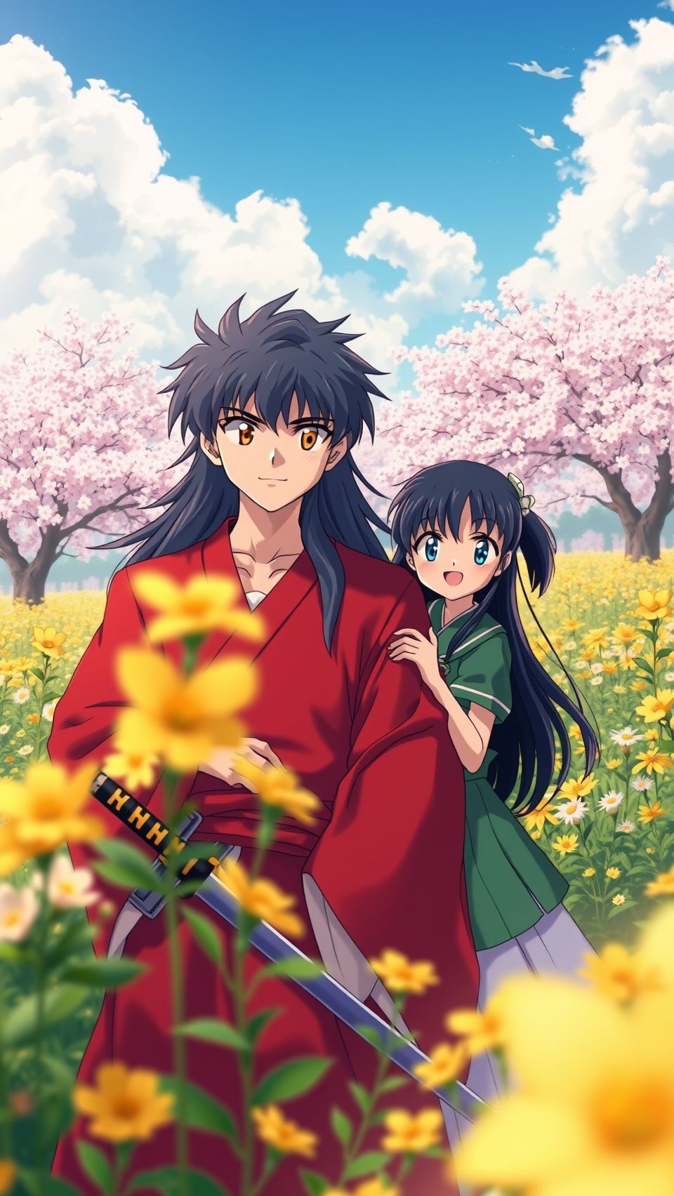 InuYasha anime wallpaper with sword standing in flower field with girl