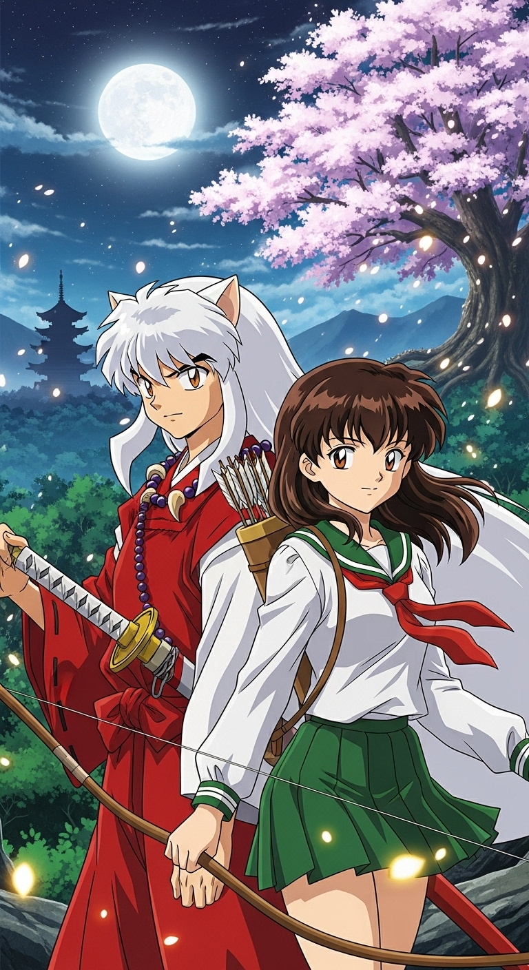 InuYasha and Kagome standing under the moonlit sakura tree in traditional attire, anime scene.